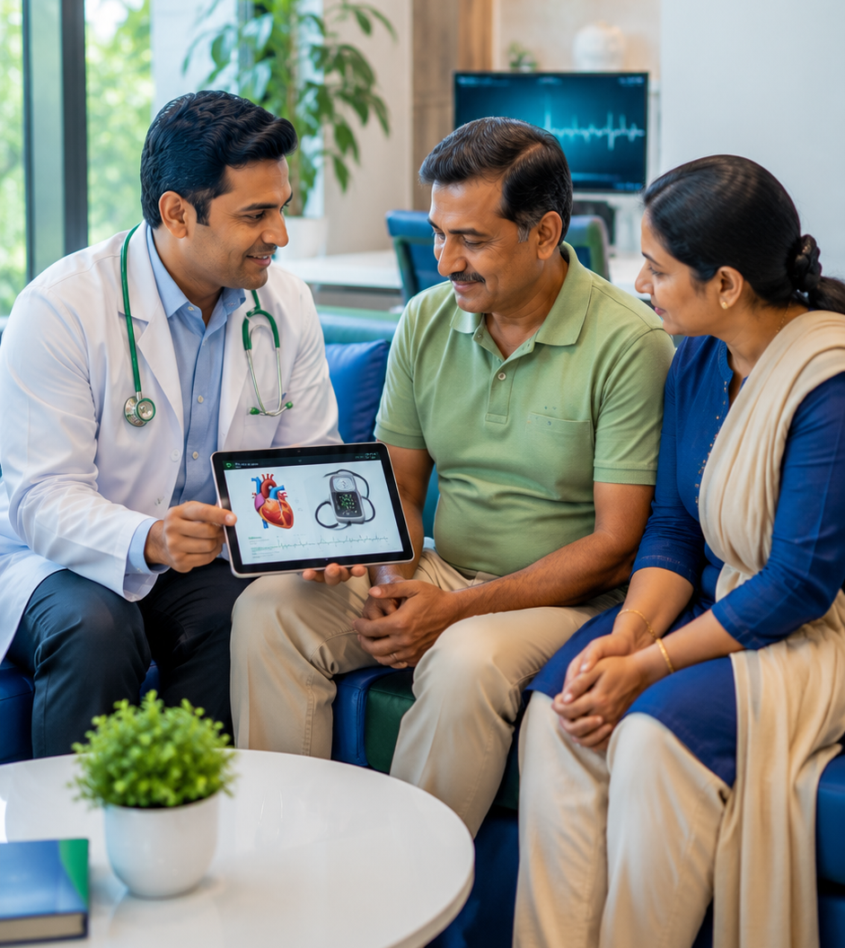 Doctor explaining a diabetes and hypertension treatment plan to a patient at Aashraya Hospital, Gadag-Betageri