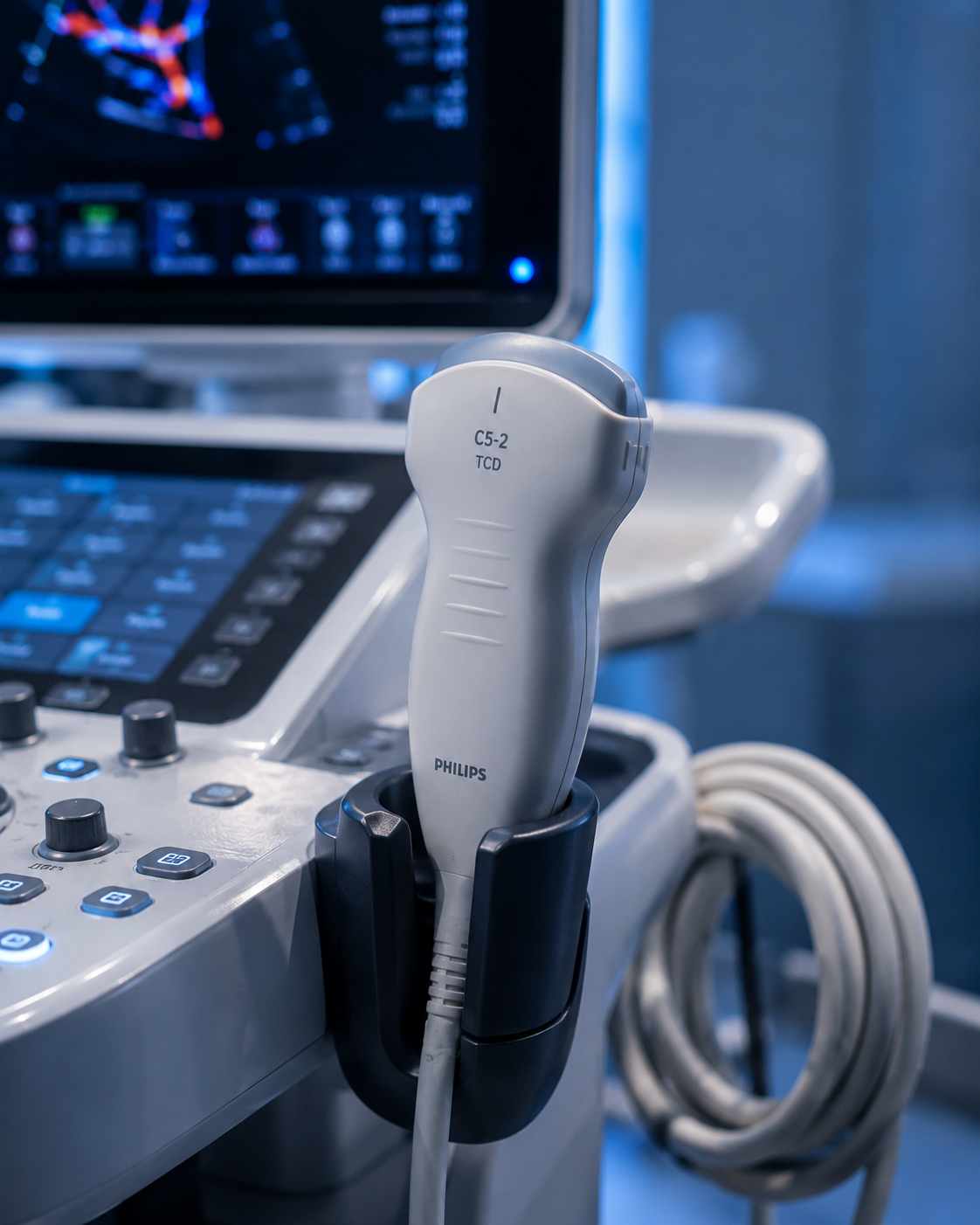 Colour Doppler transducer probe used for blood-flow studies