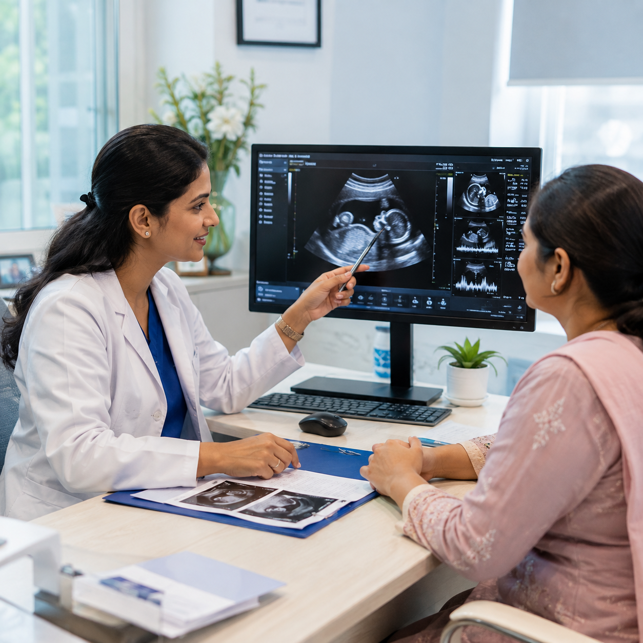 Sonologist explaining an ultrasound scan report to a patient at Aashraya Hospital