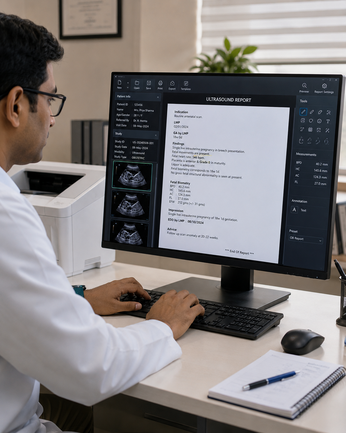 Digital reporting workstation used to generate same-day scan reports