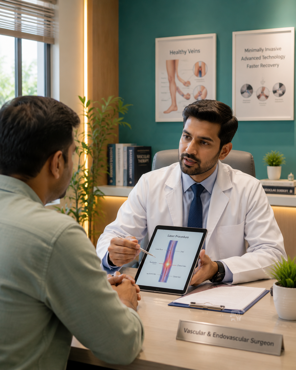 Surgeon consulting with a patient at Aashraya Hospital before a laser procedure