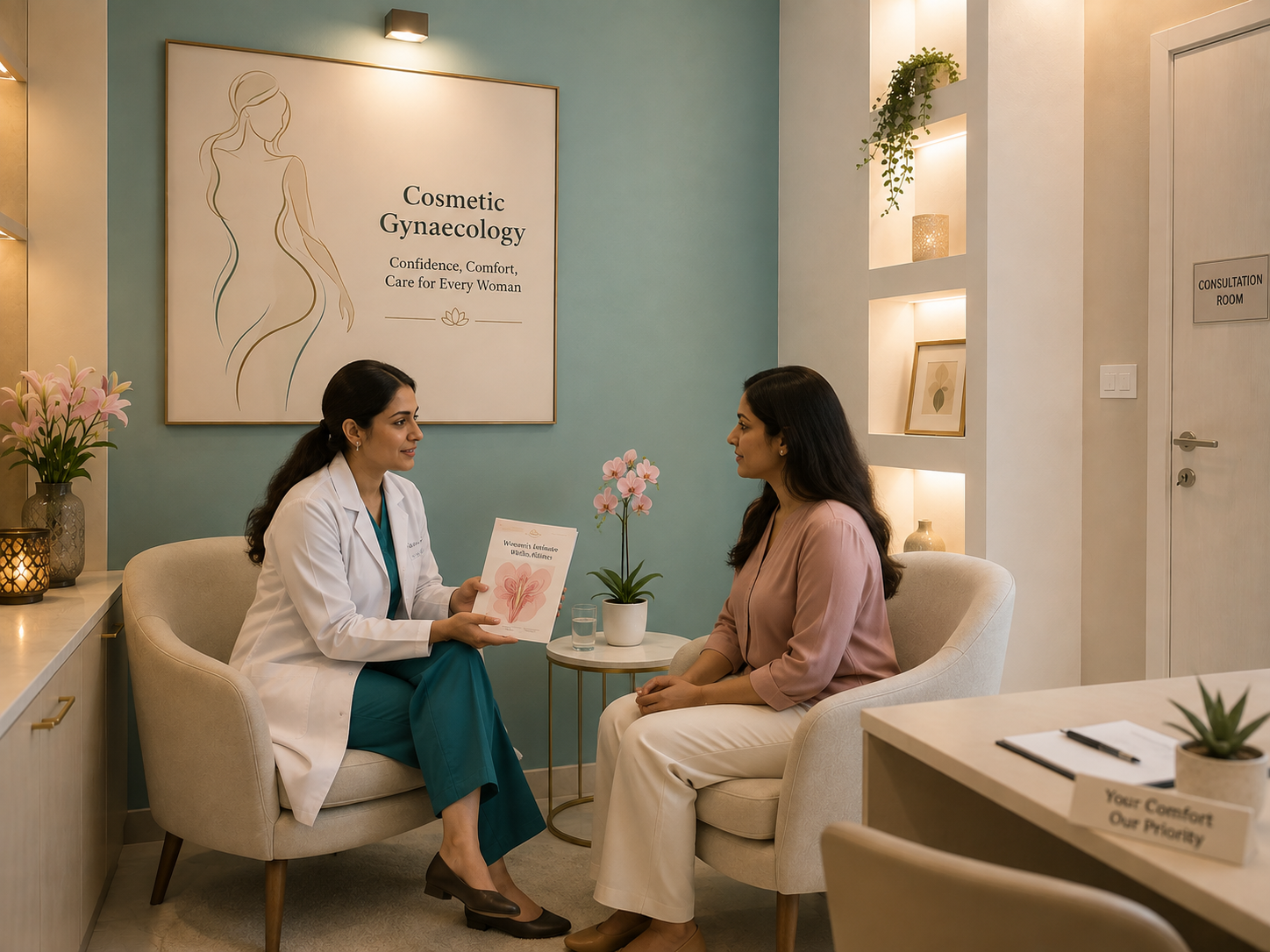 Private consultation room for cosmetic gynaecology at Aashraya Hospital