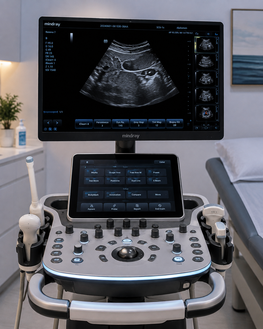 High-resolution ultrasound console used for 2D, 3D and 4D scans