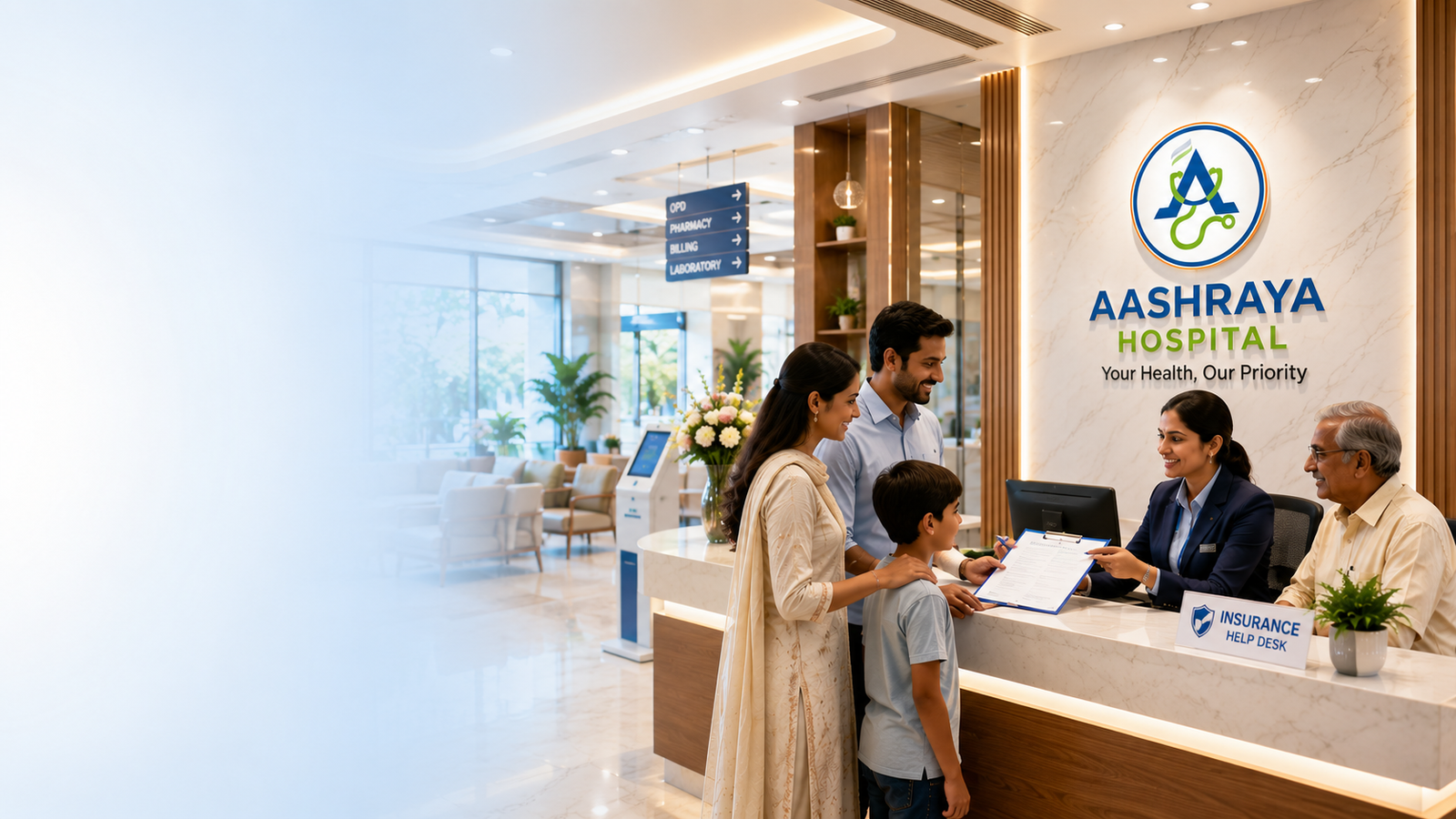 Aashraya Hospital insurance desk helping a patient with cashless health insurance treatment in Gadag