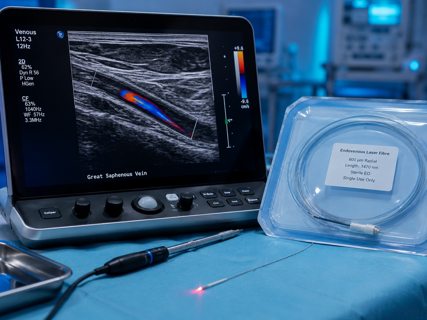 Endovenous laser ablation (EVLT) equipment used for varicose vein treatment at Aashraya Hospital