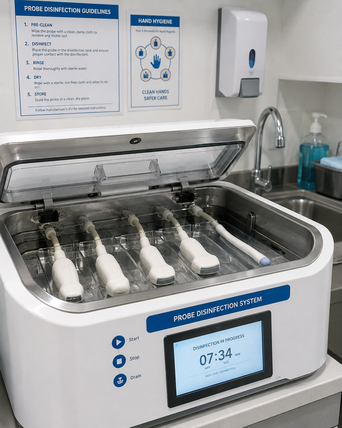 Probe disinfection and sanitisation unit at Aashraya Hospital scan centre