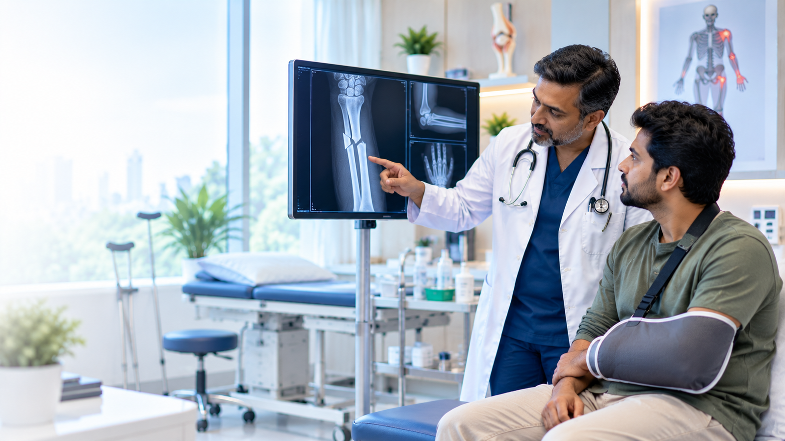 Orthopaedic doctor examining a patient's injury at Aashraya Hospital's Trauma & Fracture clinic in Gadag-Betageri