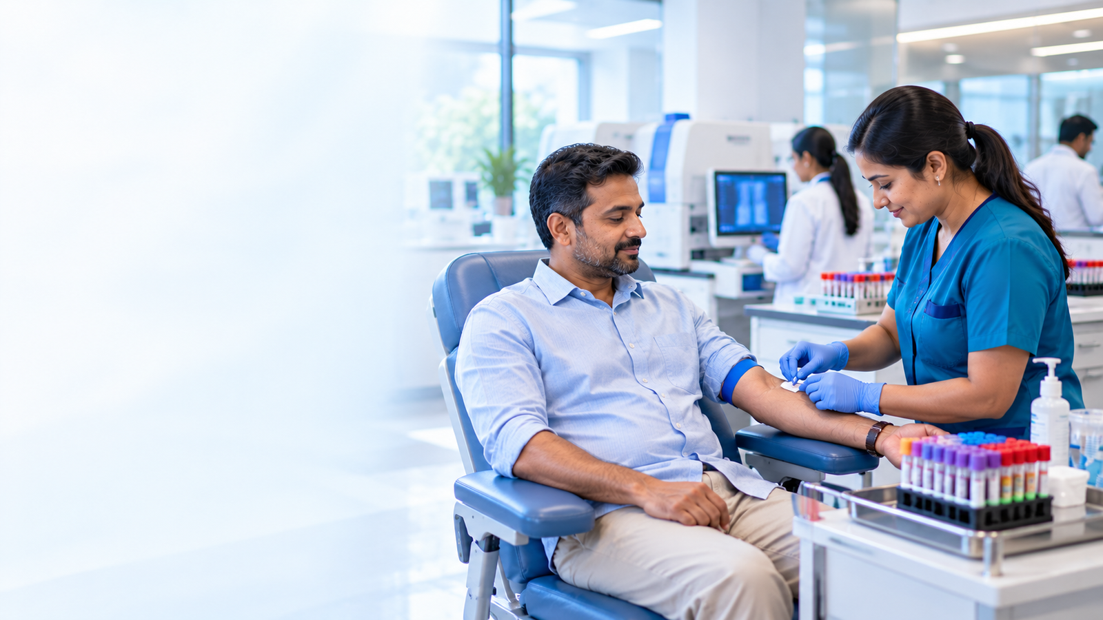 Lab technician collecting a blood sample at Aashraya Hospital, Gadag-Betageri