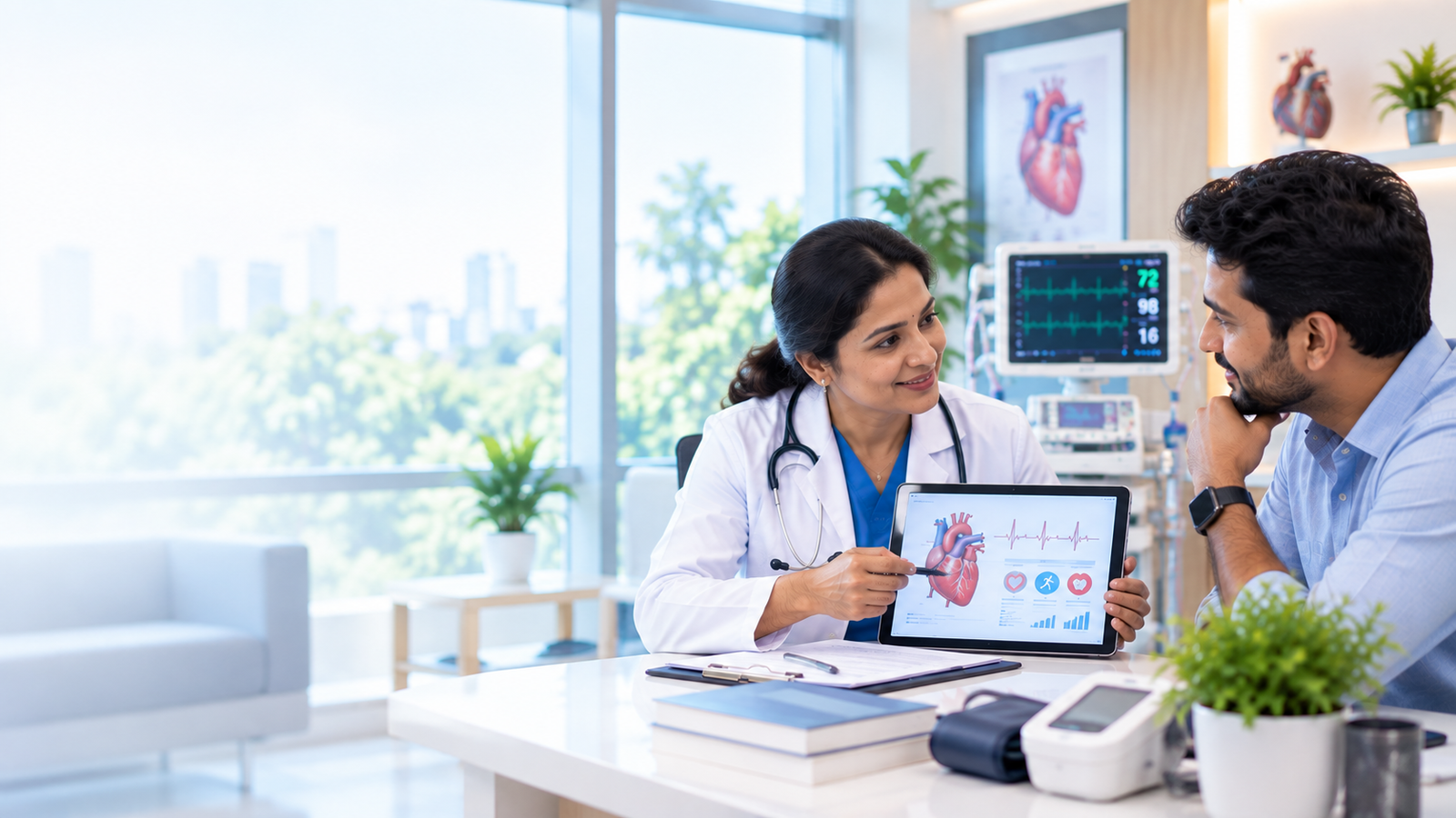 Cardiologist checking a patient's heart health at Aashraya Hospital's Preventive Cardiology clinic in Gadag-Betageri