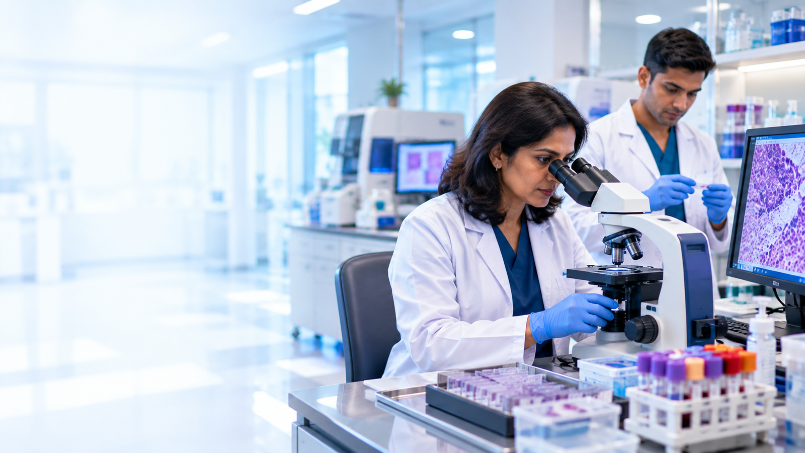Clinical pathology lab technician processing diagnostic samples at Aashraya Hospital, Gadag-Betageri