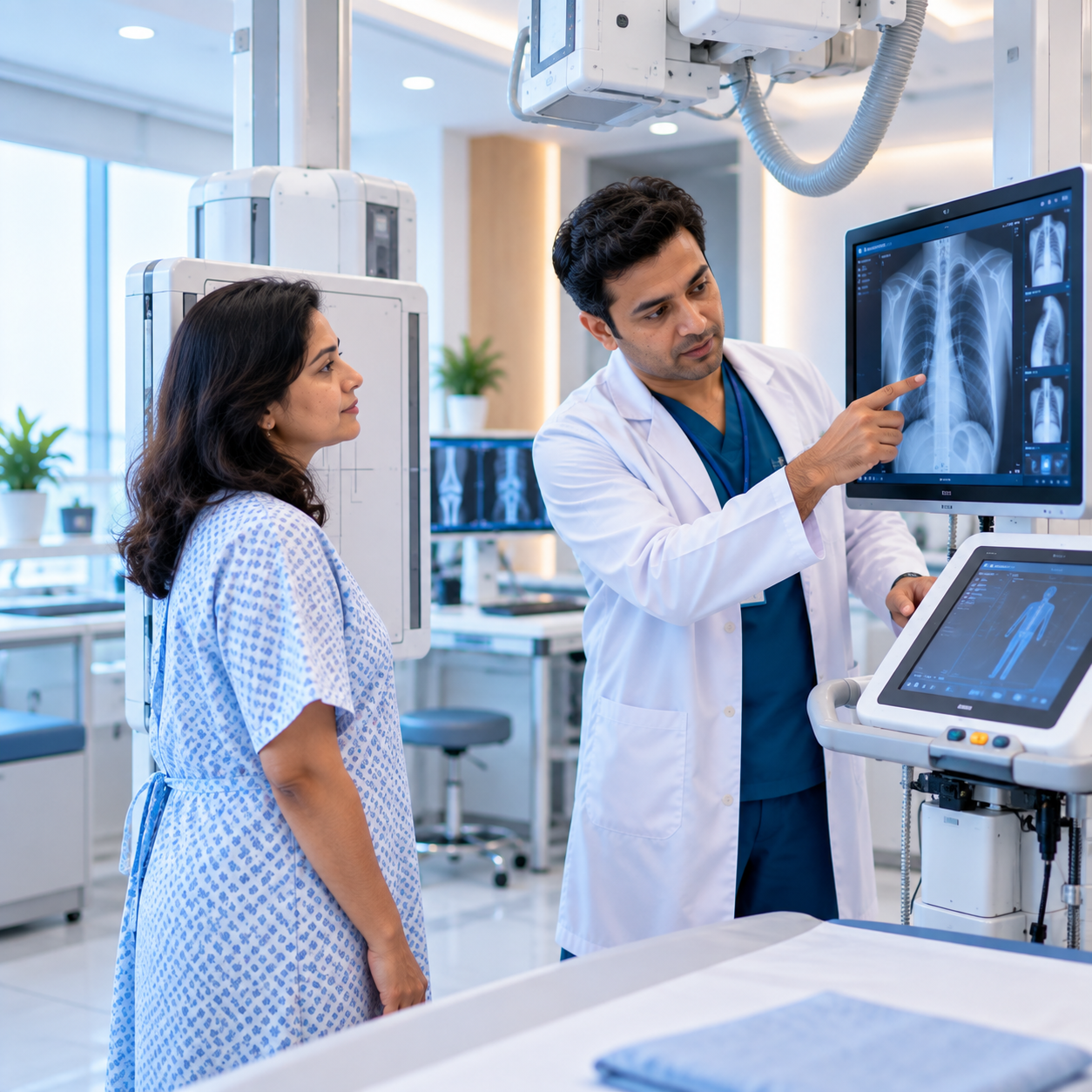 Radiographer positioning a patient for a digital X-ray scan at Aashraya Hospital, Gadag-Betageri