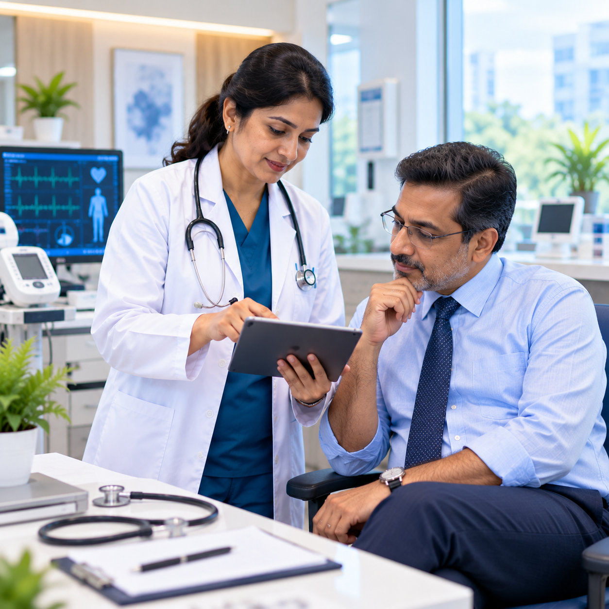 Doctor reviewing an executive health checkup report with a working professional at Aashraya Hospital, Gadag-Betageri