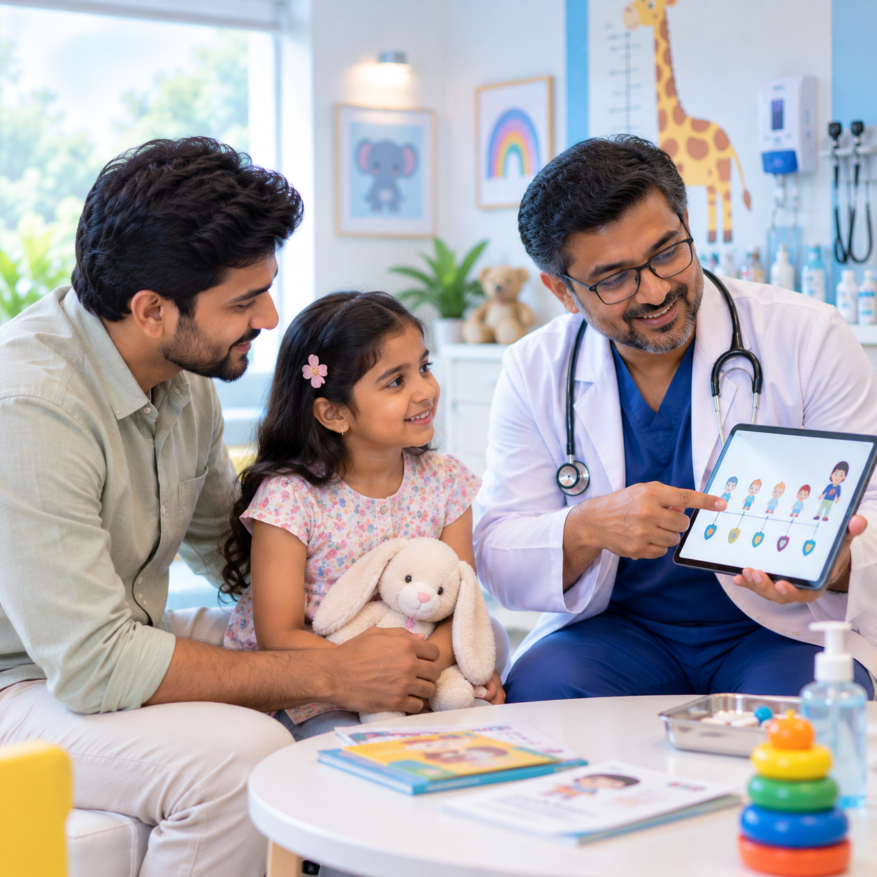 Pediatrician explaining a child's vaccination schedule to a parent at Aashraya Hospital, Gadag-Betageri