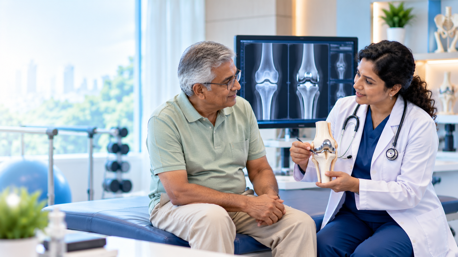 Orthopaedic surgeon consulting a patient about joint replacement at Aashraya Hospital's clinic in Gadag-Betageri