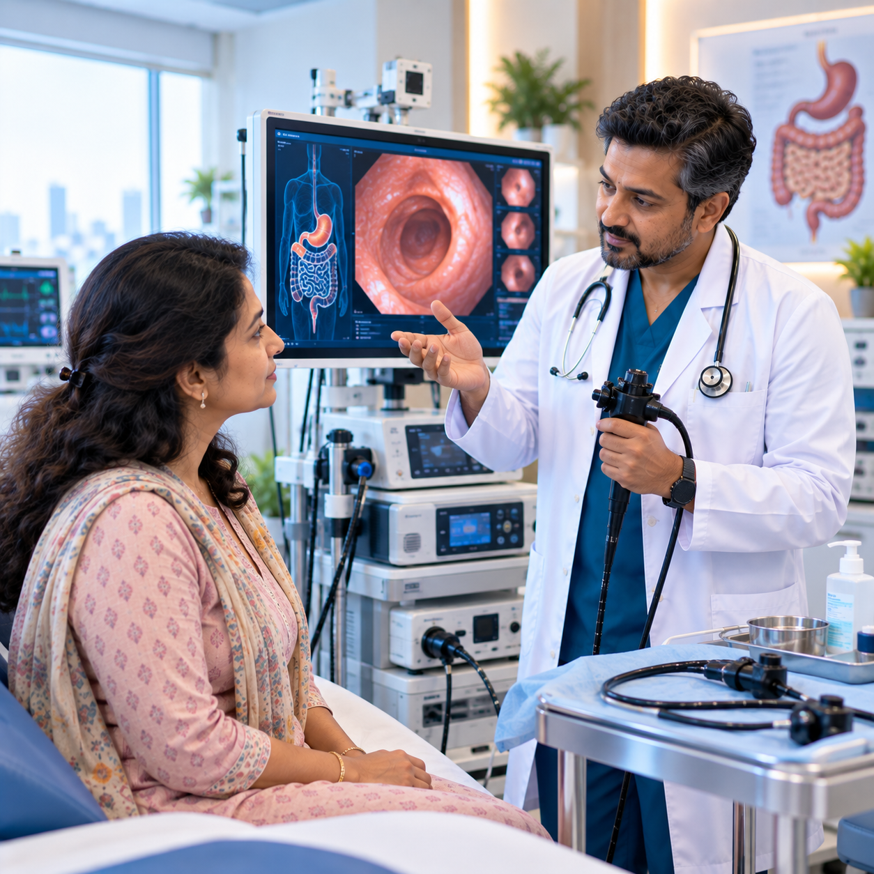 Gastroenterologist explaining an endoscopy report to a patient at Aashraya Hospital, Gadag-Betageri
