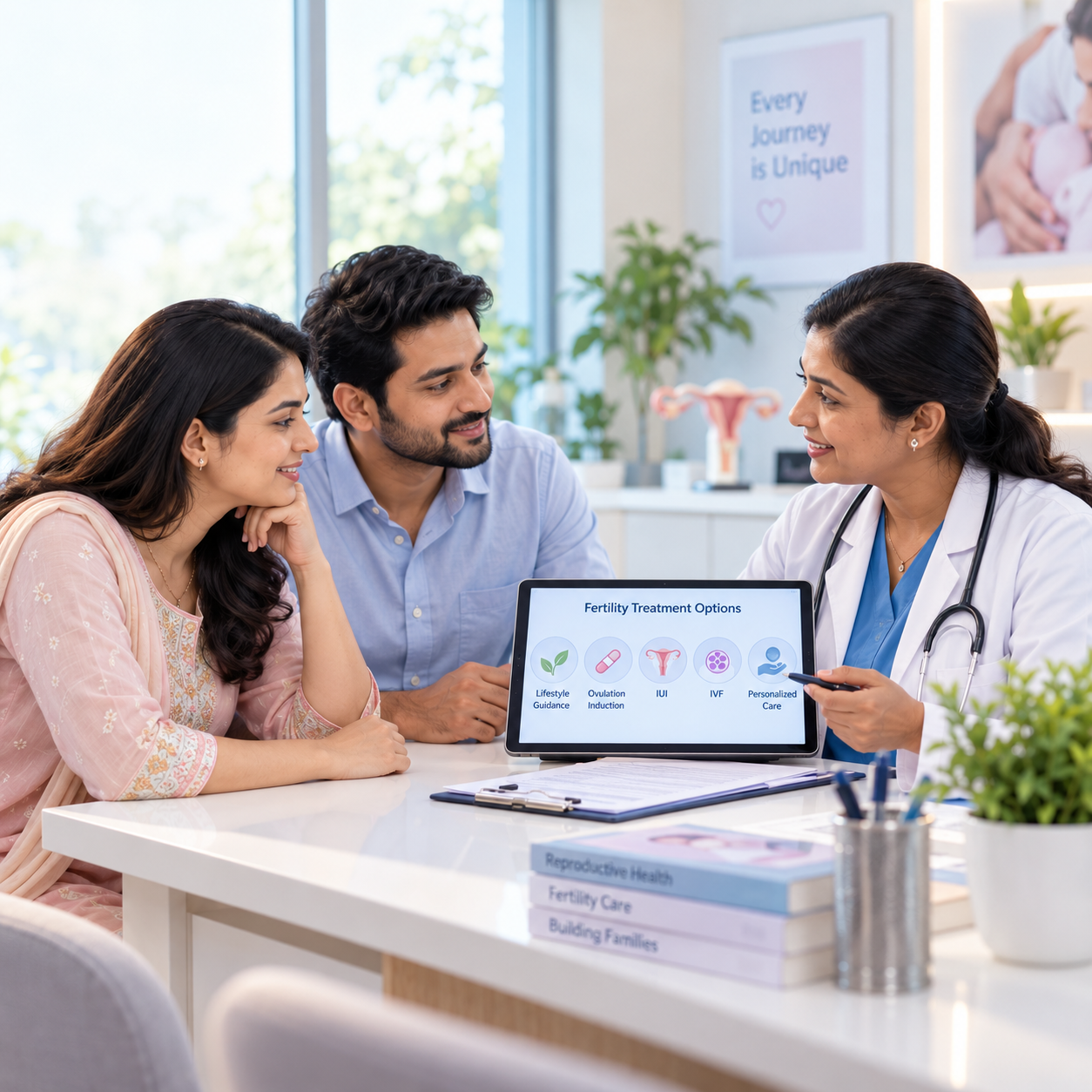 Doctor counselling a couple about fertility options at Aashraya Hospital, Gadag-Betageri