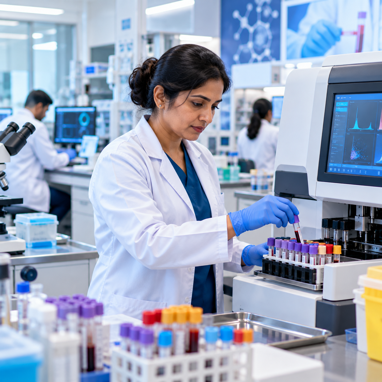 Diagnostic lab technician processing blood samples at Aashraya Hospital, Gadag-Betageri