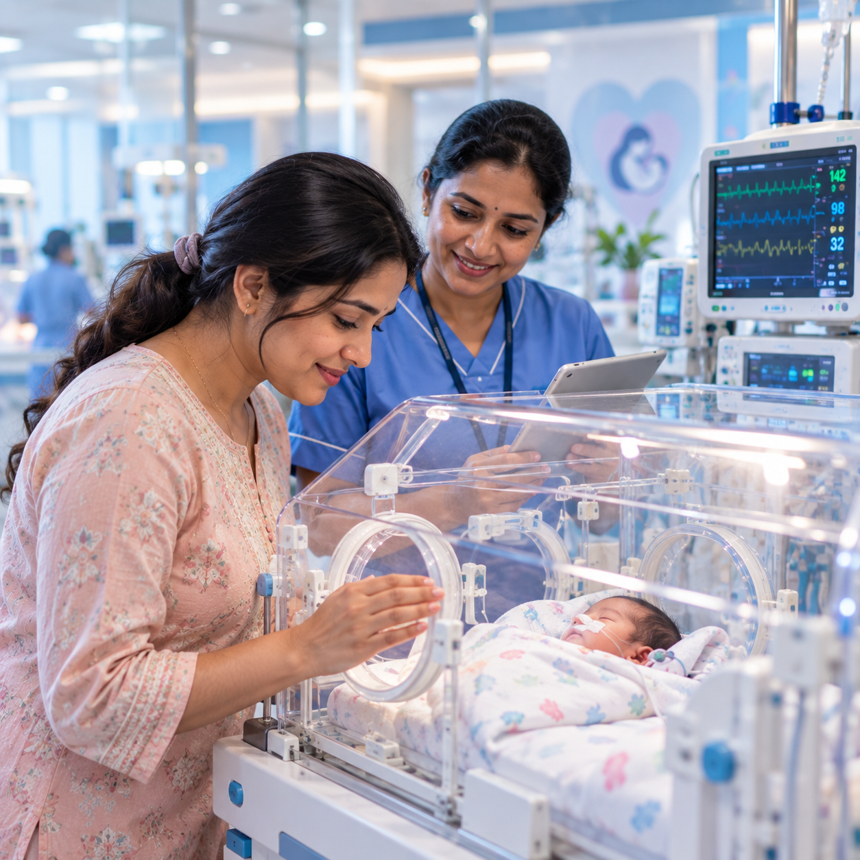 Neonatologist examining a newborn baby in the NICU at Aashraya Hospital, Gadag-Betageri