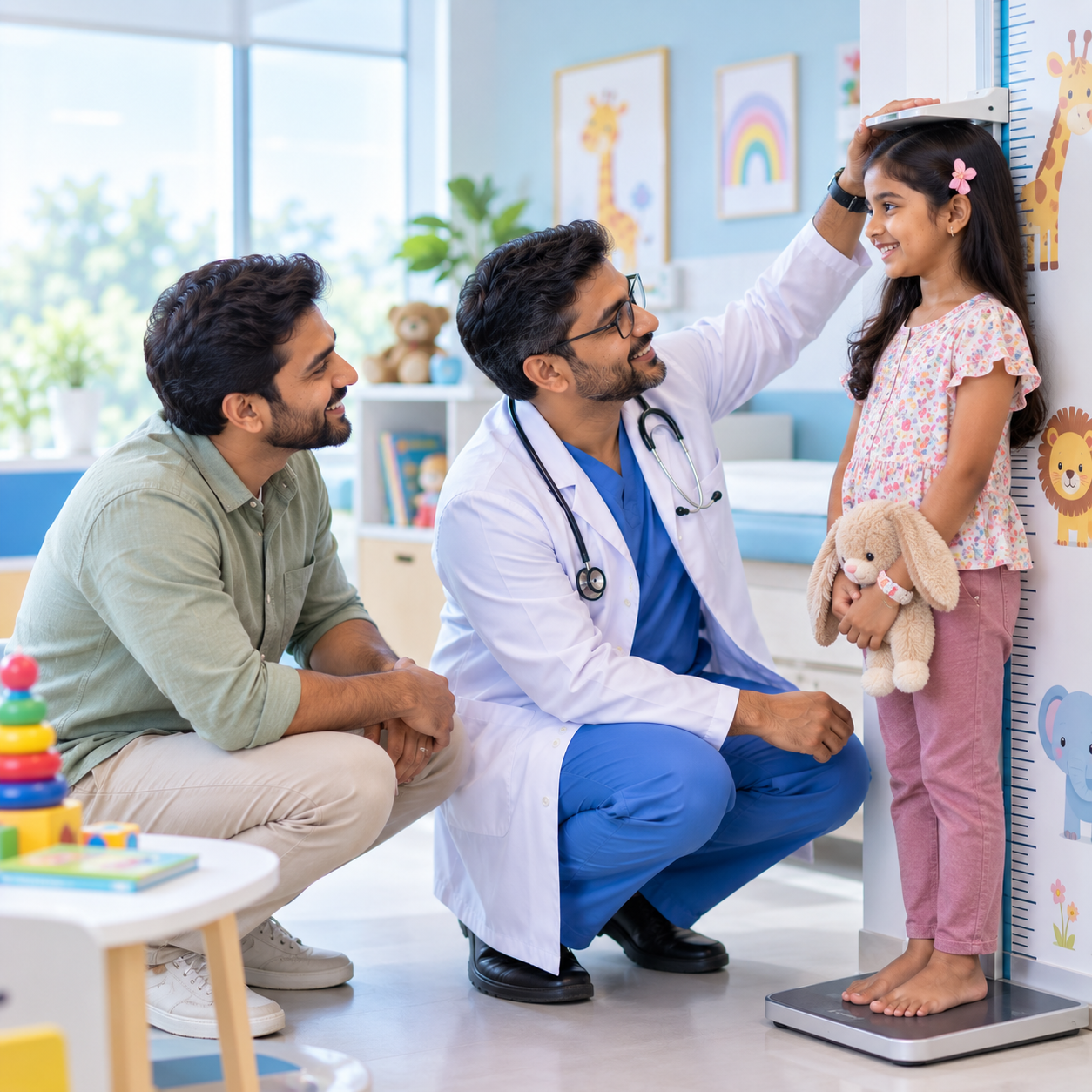 Pediatrician checking on a child after vaccination at Aashraya Hospital, Gadag-Betageri