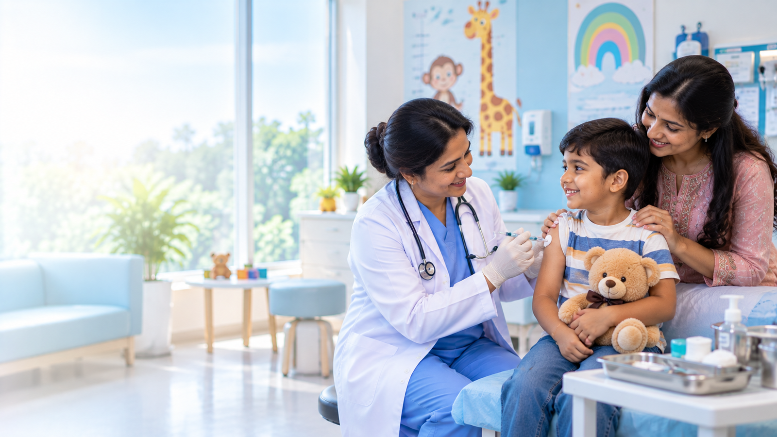 Pediatrician administering a vaccine to a child at Aashraya Hospital, Gadag-Betageri