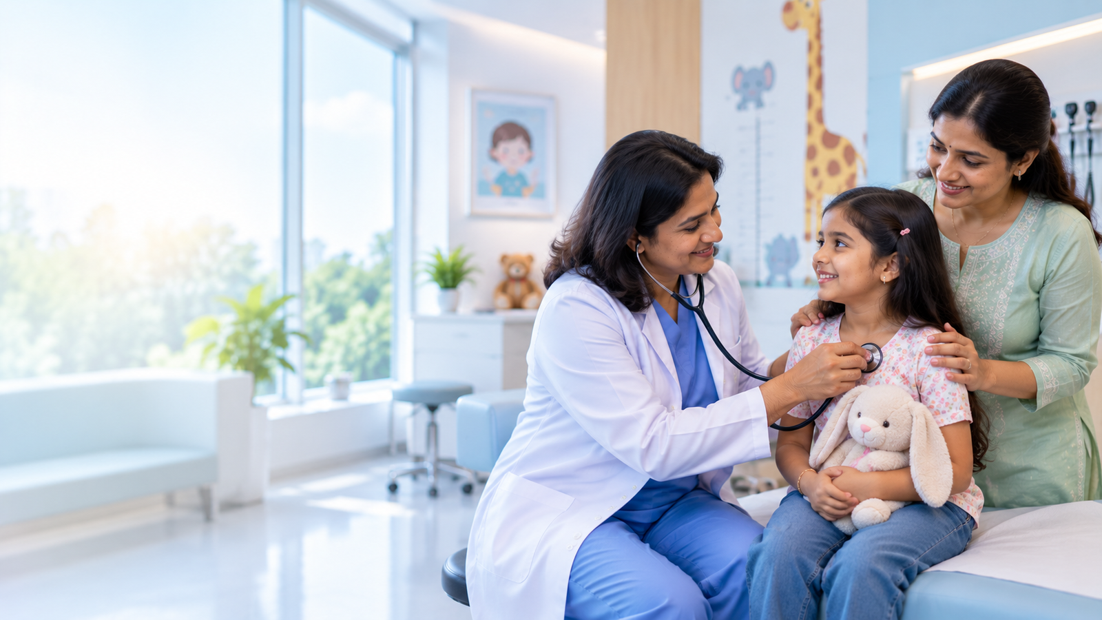 Pediatrician examining a child at Aashraya Hospital's Child Care clinic in Gadag-Betageri