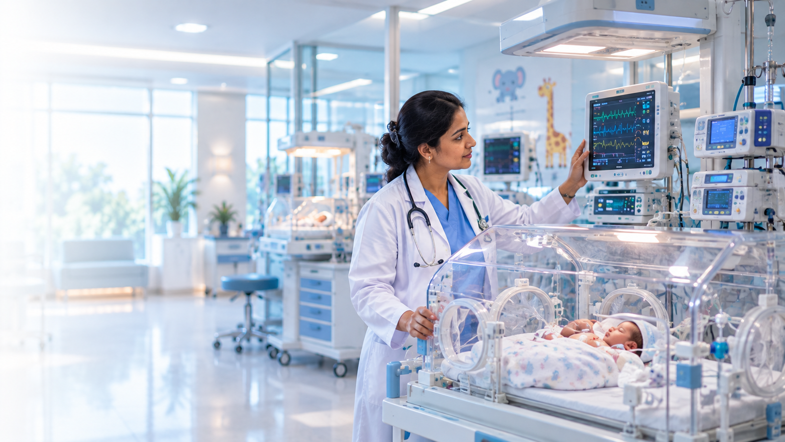 Neonatal team caring for a newborn in the NICU at Aashraya Hospital's Gadag-Betageri unit