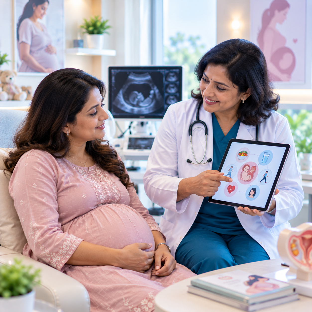 Doctor explaining a pregnancy care plan to an expectant mother at Aashraya Hospital, Gadag-Betageri