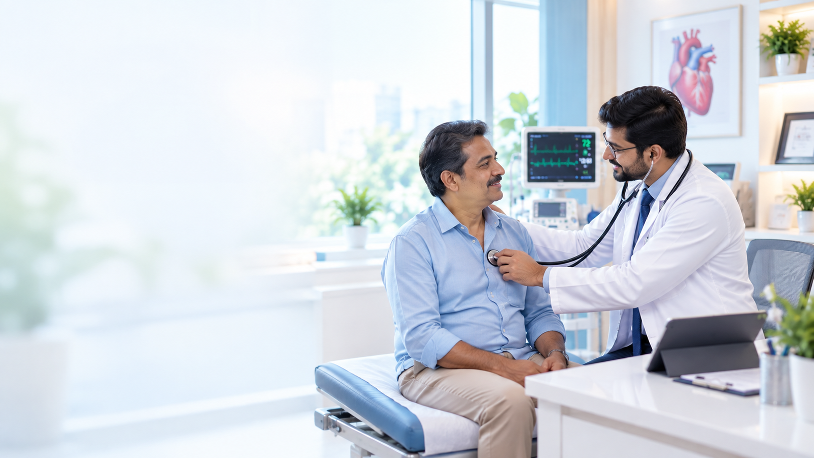 Doctor conducting a heart check-up at Aashraya Hospital's Cardiac Care clinic in Gadag-Betageri